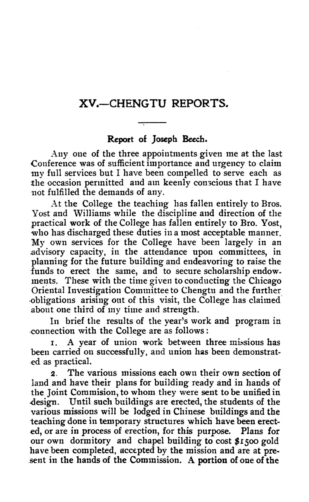 XV.-CHENGTU REPORTS. Report of Joseph Beech.