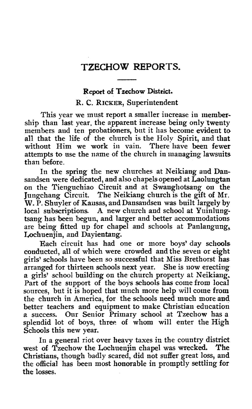 TZECHOW REPORTS. Report of T zechow Disbict. R. C.