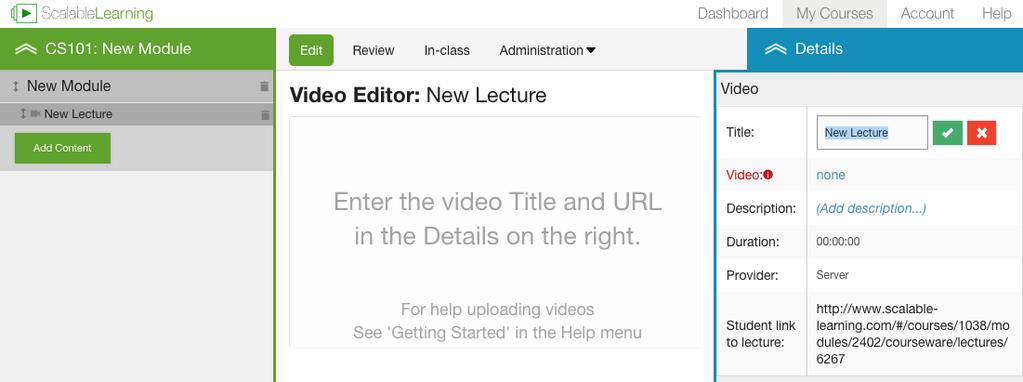 4. Enter the Title and URL for the video in the Details list on the right.