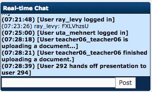 Other messages may appear in the Real-time Chat window when important events occur, such as participants joining the tutoring session, the tutor uploading a document, or when the tutor gives control