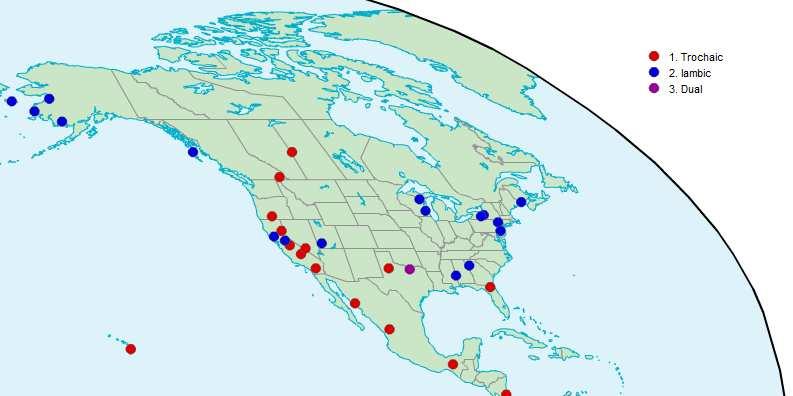 This map presents the division between iambic and trochaic stress systems in North America. Figure 4. Rhythm types in North America.