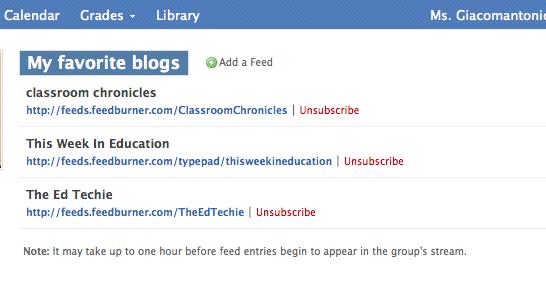 Create an Edmodo group, retrieve the RSS links for the blogs