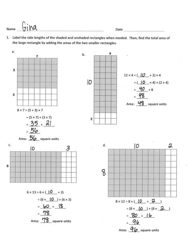 Lesson 10 3 4 MP.7 T: (Record distributive property expressions as shown on previous page.) How are these three expressions related? S: They all show the area of the large rectangle.