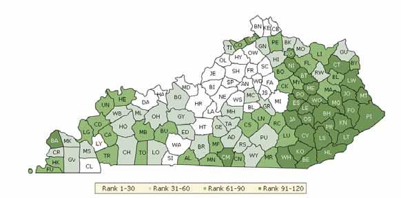 The maps on this page and the next display Kentucky s counties divided into groups by health rank. Maps help locate the healthiest and least healthy counties in the state.