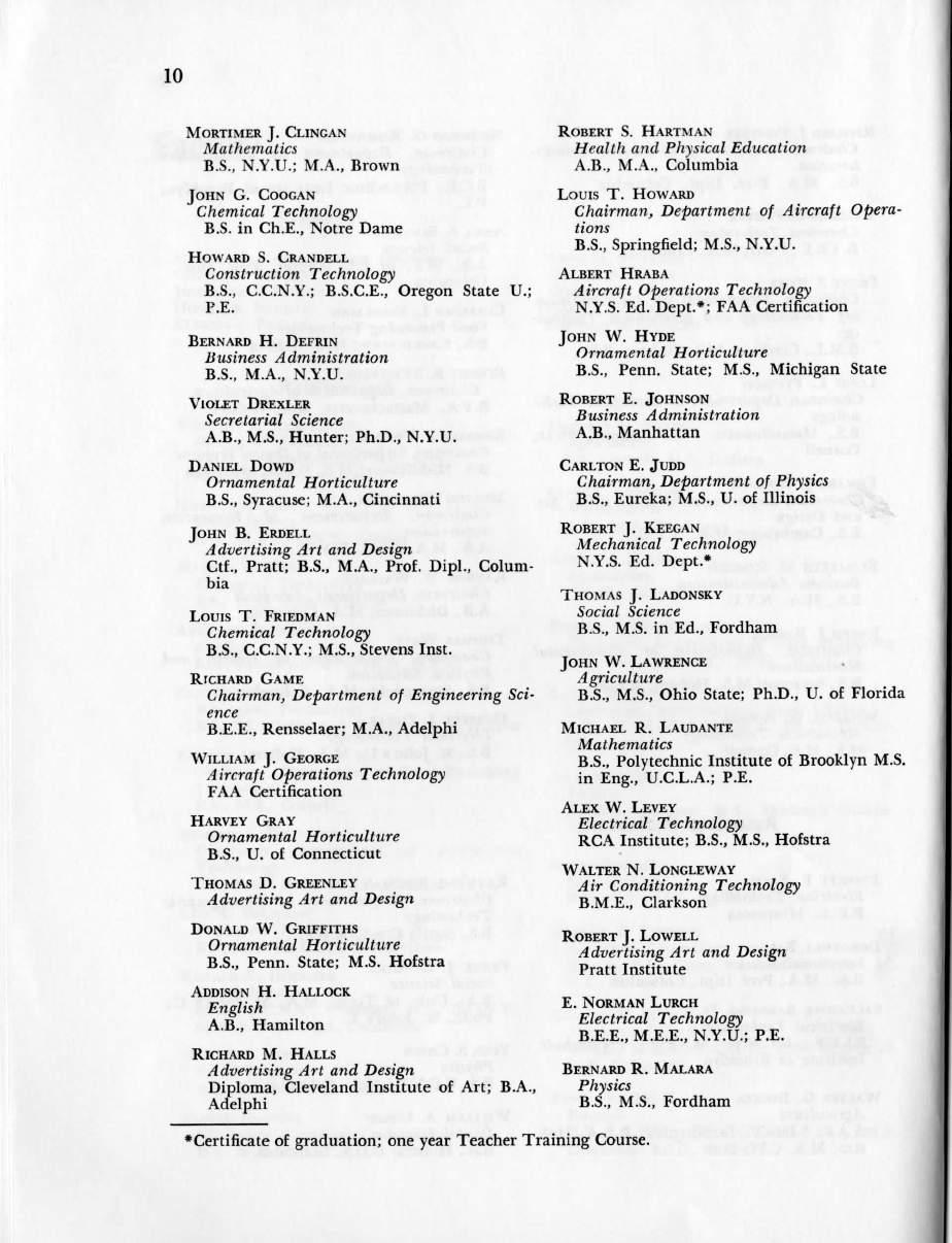10 MORTIMER J. CLINGAN Mathematics B.S., N.Y.U.; M.A., Brown JOHN G. COOGAN Chemical Technology B.S. in Ch.E., Notre Dame HOWARD S. CRANDELL Construction Technology B.S., C.C.N.Y.; B.S.C.E., Oregon State U.