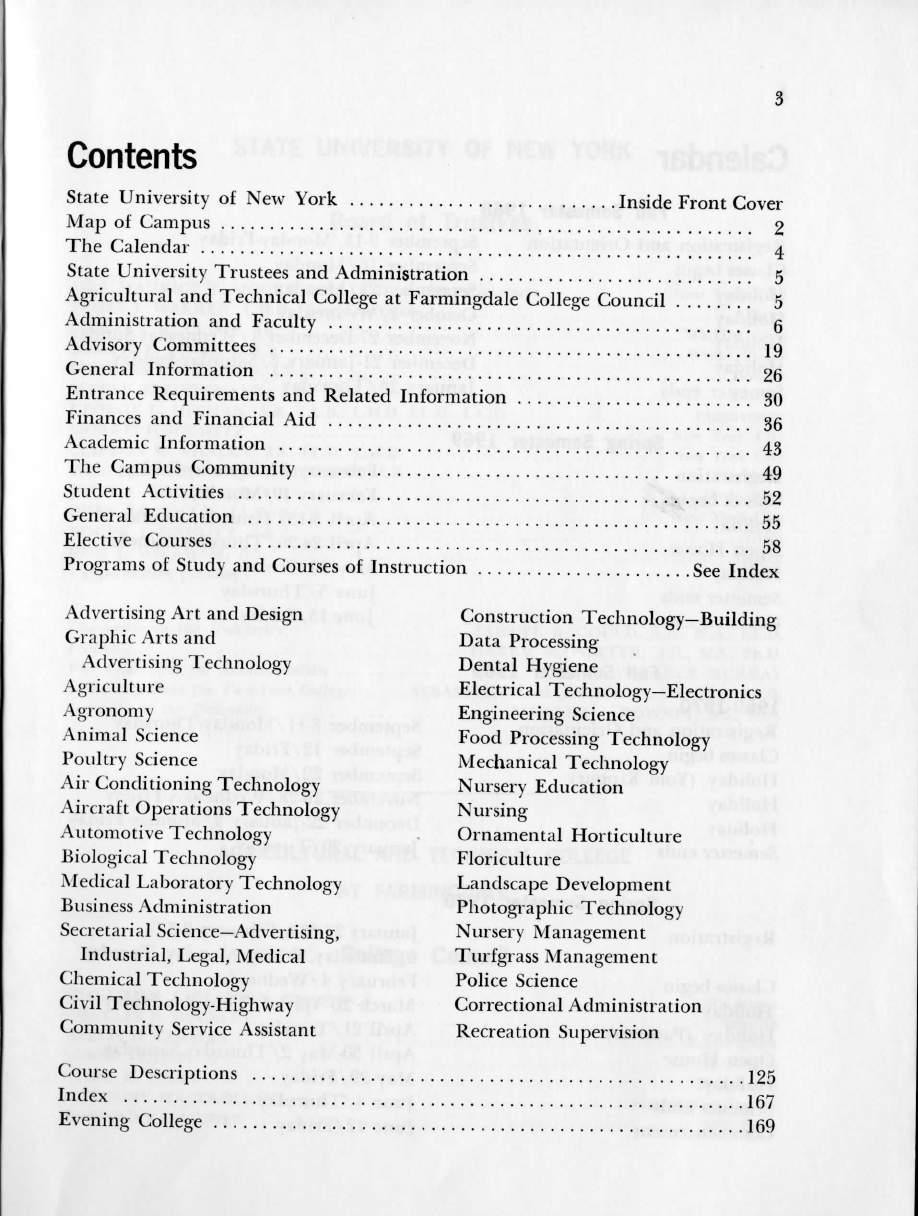 Contents State University of New York Inside Front Cover Map of Campus 2 The Calendar 4 State University Trustees and Administration 5 Agricultural and Technical College at Farmingdale College