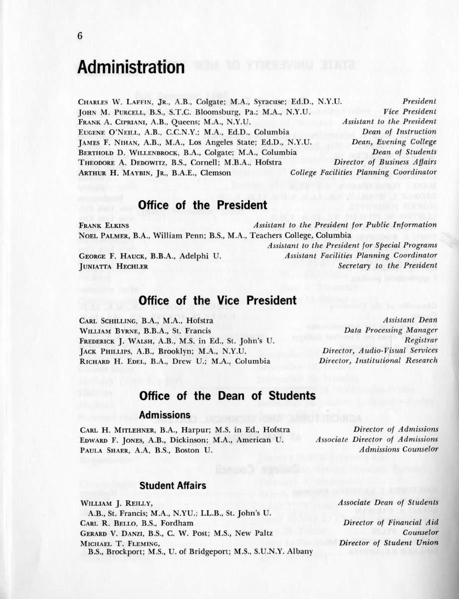 Administration CHARLES W. LAFFIN, JR., A.B., Colgate; M.A., Syracuse; Ed.D., N.Y.U. President JOHN M. PURCELL, B.S., S.T.C. Bloomsburg, Pa.; M.A., N.Y.U. Vice President FRANK A. CIPRIANI, A.B., Queens; M.
