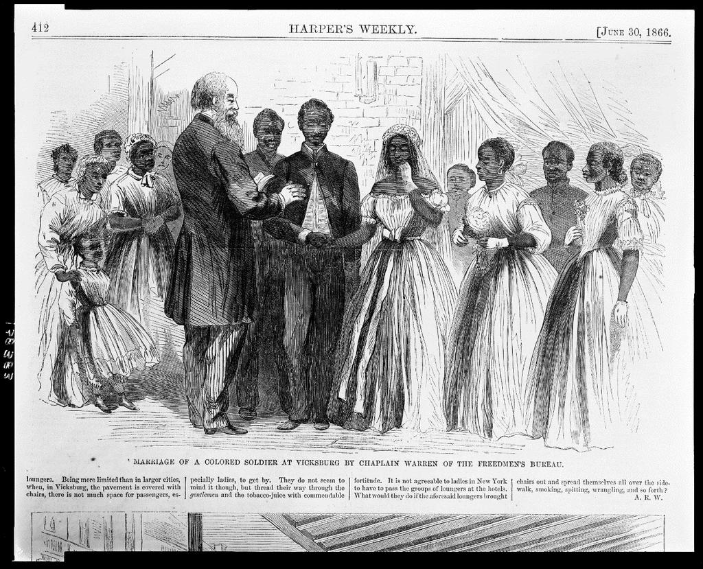 Image J-2: Marriage of a colored soldier at Vicksburg by Chaplain Warren of the Freedmen's Bureau Alfred Rudolph Waud illustrated this wedding scene for an 1866 edition of Harper s Weekly magazine.