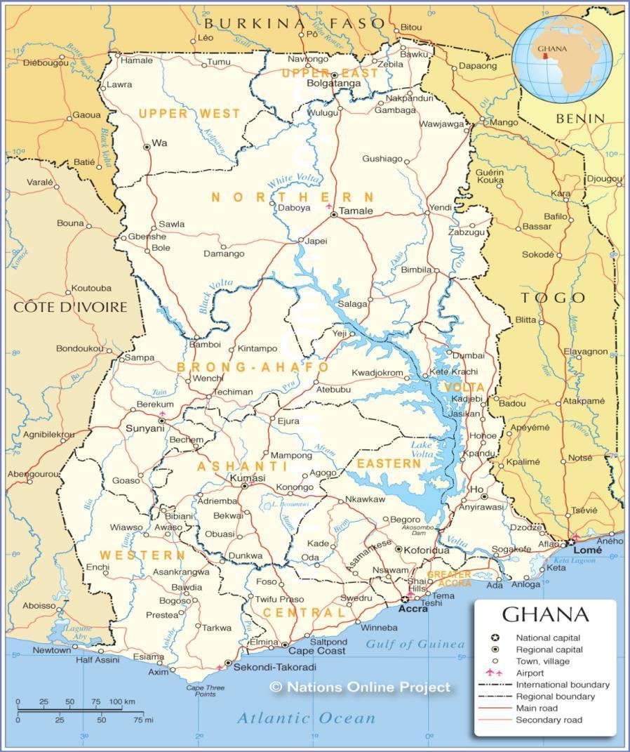 Figure 1. Ghana Map showing its physical features (Source: Internet, 2011 ) Oppong (1971) describes the Dagban state as the amalgam of autochthones and an immigrant ruling class.