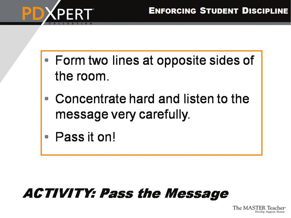 Section III: Presenter Materials and Notes Slide 14 Activity: Pass the Message Allow 15 minutes for this activity.