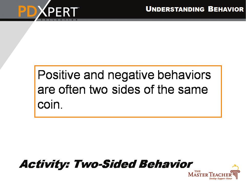 Section III: Presenter Materials and Notes Slide 6 Activity: Two-Sided Behavior Allow 10 minutes for this activity.