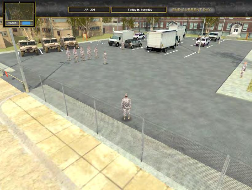 The picture below depicts the 3D gameplay that will allow learners to walk freely through the simulation environment to gather information about the