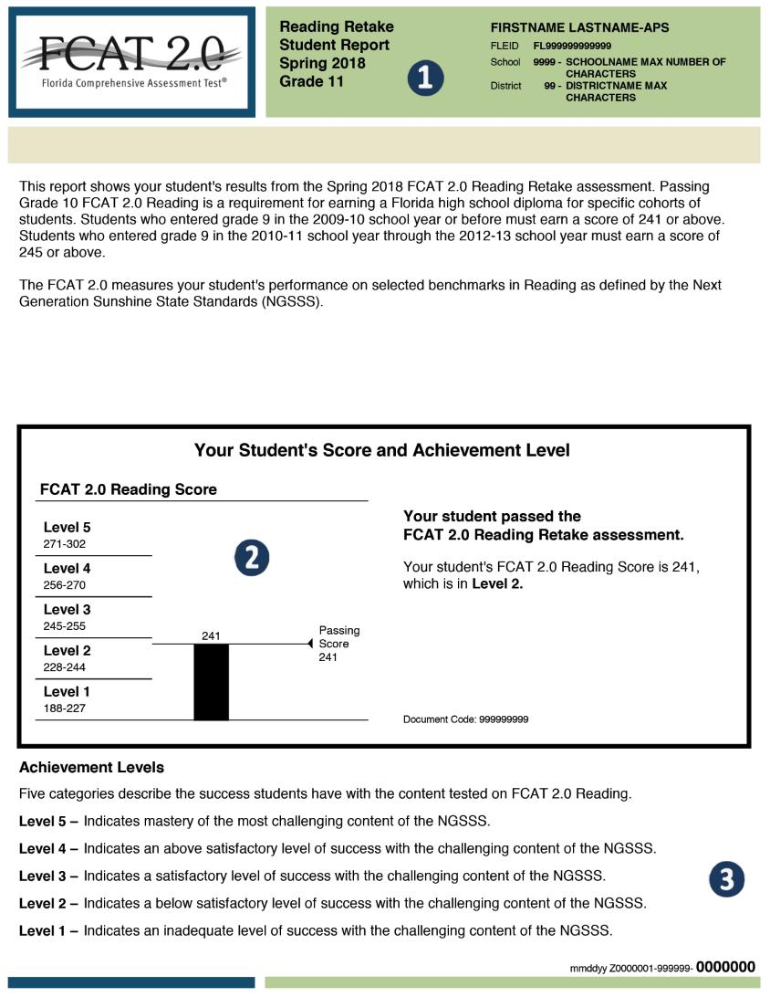 FCAT 2.0 Reading Retake Student Report The format shown above is used for the FCAT 2.0 Reading Retake Student Report, which is a two-page report that provides results for students who took the FCAT 2.