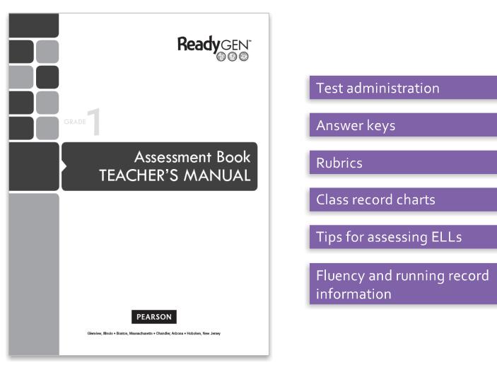 14 Assessment Book Teacher s Manual The Assessment Book Teacher's Manual provides an overview of the ReadyGEN assessment program.