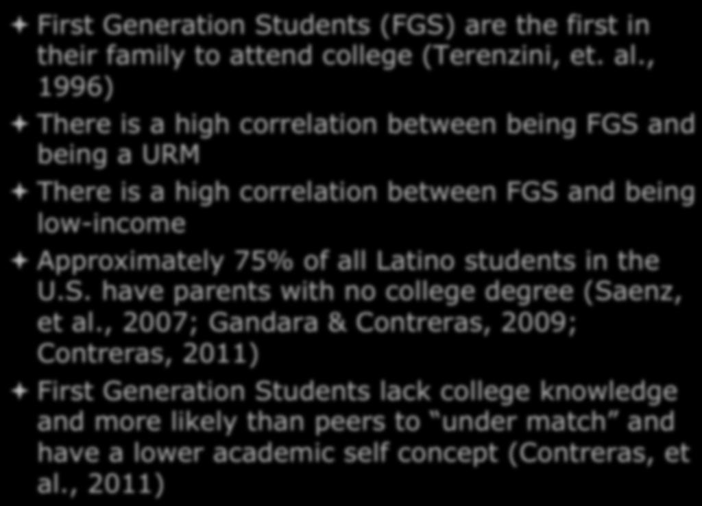 Unpacking the Label First-Generation ª First Generation Students (FGS) are the first in their family to attend college (Terenzini, et. al.