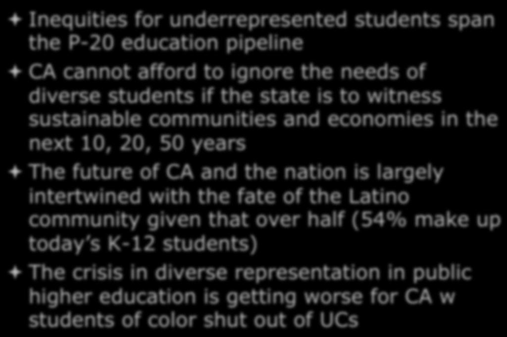 The Urgency of Educating Latinos & Underrepresented students in CA ª Inequities for underrepresented students span the P-20 education pipeline ª CA cannot afford to ignore the needs of diverse