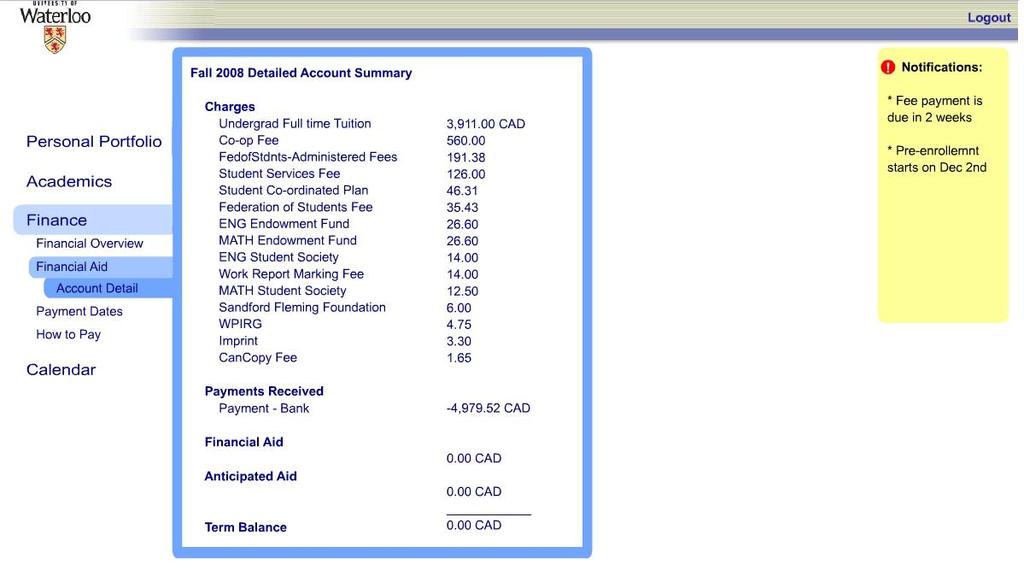 Figure 4.2 - Detailed Account Summary 4.2.3 View Financial Aid Summary This section allows you to view all the financial aid that you have received on a per term basis.