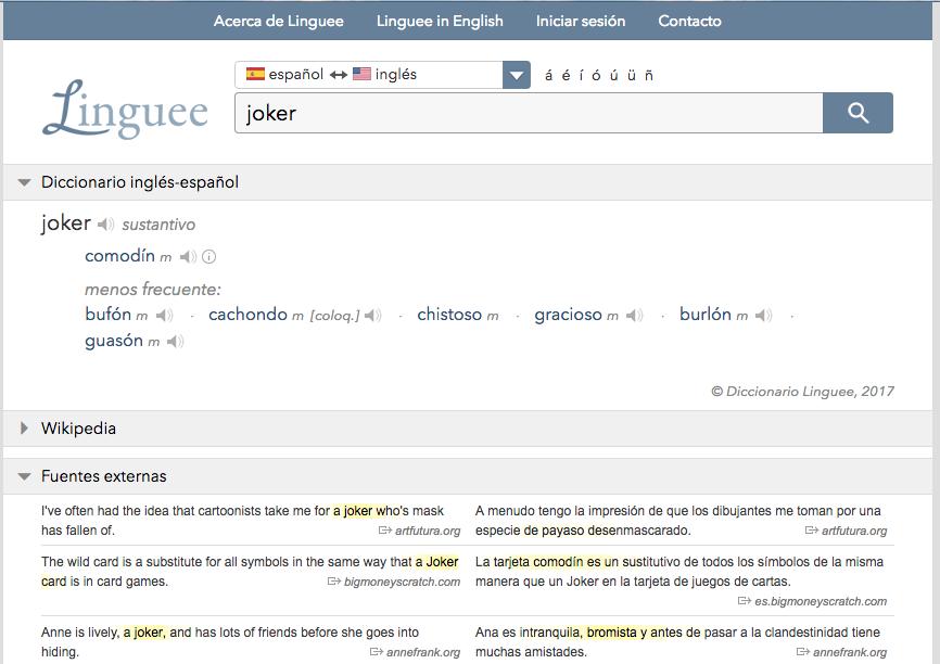 4 Linguee http://www.linguee.es/ingles-espanol Part dictionary, part corpus search, this website and phone app shows dictionary translations with sound files for the different vocabulary terms.