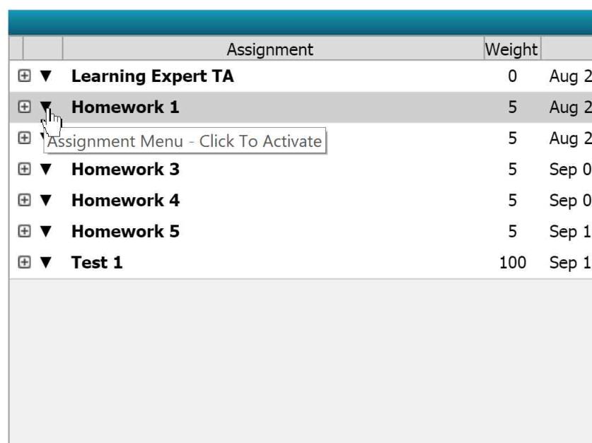Either right click on the assignment name or click the black arrow to select Edit Assignment.