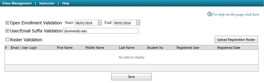 Figure 10: Student/TA Registration Codes Student/TA Registration On the Class Management page, with the drop-down menu under Classes, select Student/TA Registration to see the student registration