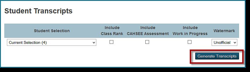On the Student Transcripts page, the selected students will appear as the Current Selection. Select an option, if needed: Include Class Rank Will not list for Summer School.