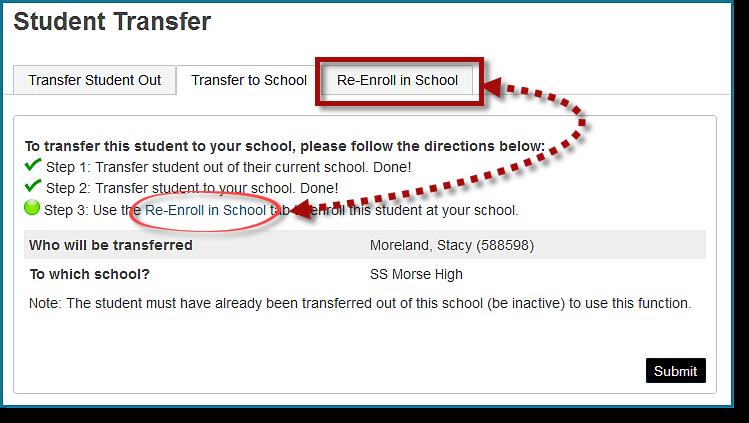 Click Submit. The student will be transferred to your school. You will receive following Alert. Click Back. Step 2 is now complete.
