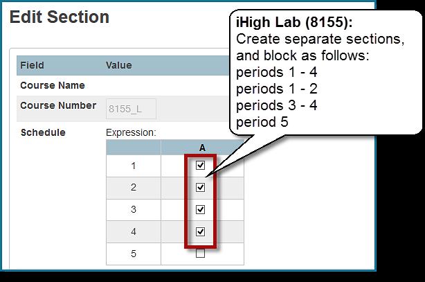 High Schools ihigh Lab Course Sections (8155 ONLY) Teachers Section Lead - click Add. o o Select the teacher name from the Staff drop-down.
