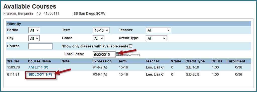 Select the desired Period from the Period drop-down menu select All to list all classes available. Click Find.