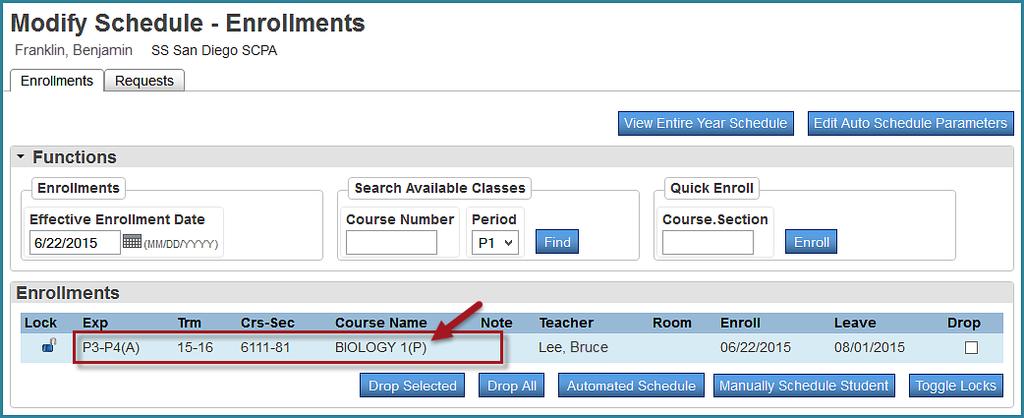 7. The Modify Schedule Enrollments screen will display and the