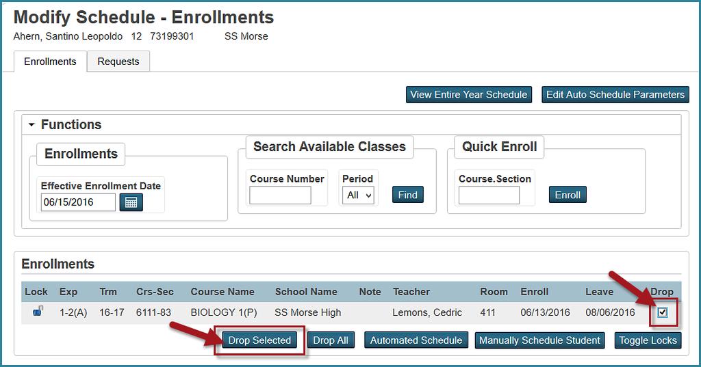 Dropping One Student from a Class Use the Modify Schedule page to drop classes from a student s schedule.
