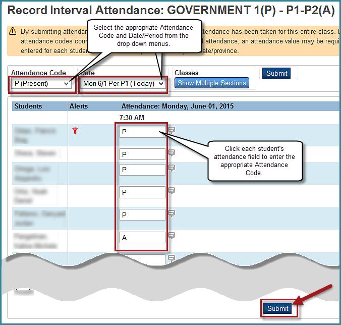 4. Notice on the Record Interval Attendance screen, the Attendance Code drop down defaults to P (Present) and the students have no assigned attendance. IMPORTANT!