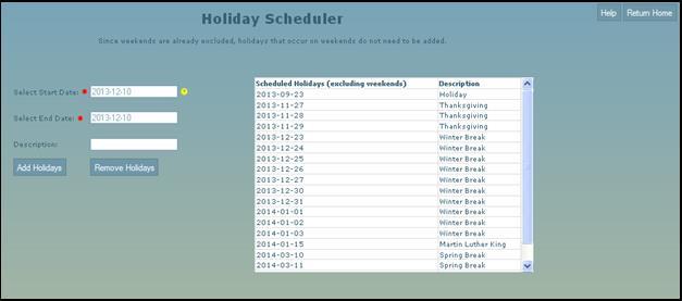 Managing the holiday schedule The Manage holiday schedule link opens the Holiday scheduler (Figure 2.12). This scheduler allows you to add and remove holidays for your school.