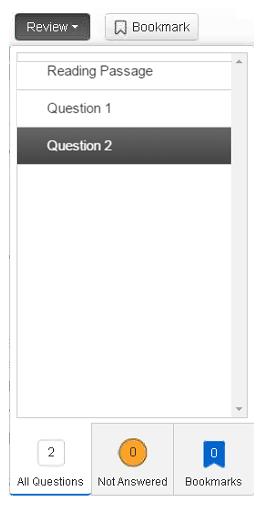 Reading 3-5 CAT Review Button and Bookmark Button Available within a passage set Only questions a student has visited and answered in the passage set will be listed in the Review drop-down menu.