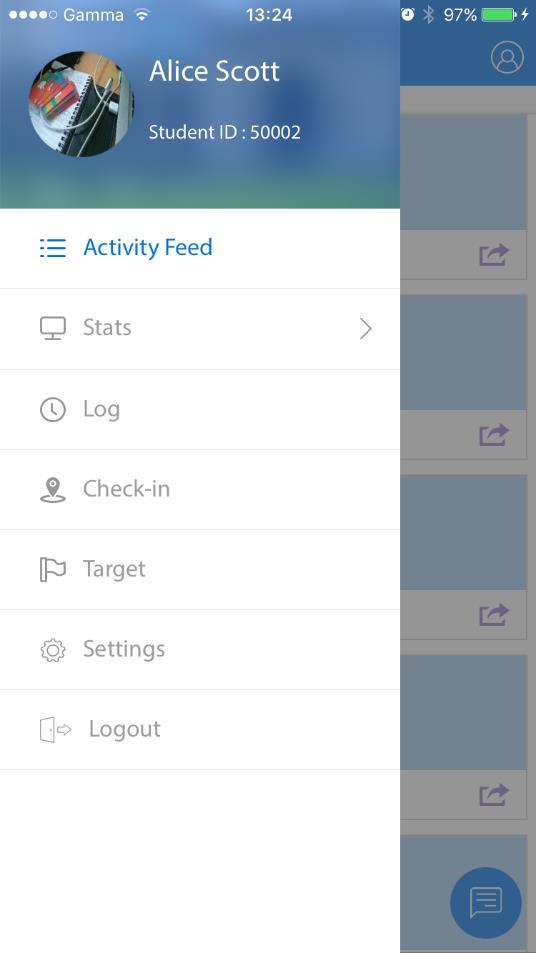 The menu is opened from the top left corner and provides access to the Activity Feed, Stats, Log, Check-in,