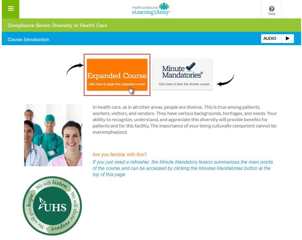 4. Courses from our HealthcareSource Library open to the introduction page shown below.