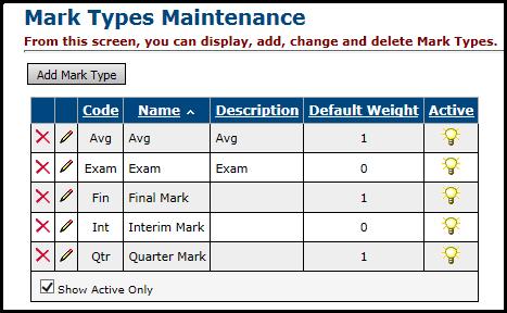 Verify Mark Types Define Mark Types if needed, and make sure all needed Mark Types are displayed. You must define a Mark Type if you wish to give that type of Mark during the year.