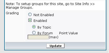 Select the Enabled radio button and the grading options will then appear. Select to grade either By Topic or By Forum. By Topic means that you will grade individual postings.