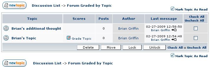 Go to the grading area, click on the title of the topic link at the top. 7. Click on title of forum You should then see the list of topics within the forum.