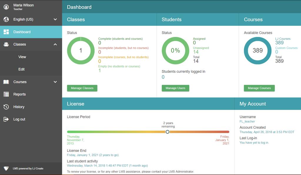 3. Once registered you will be taken to your user dashboard. From here you can manage your classes and courses.