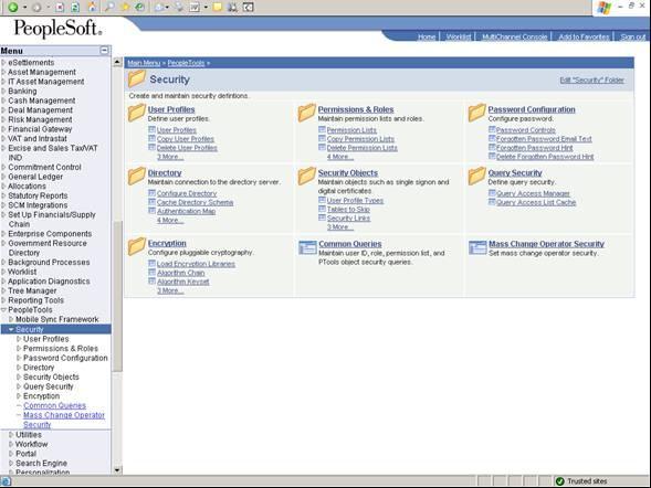 The panel below (Figure 1) shows the Base Navigation Page for PeopleSoft Security.