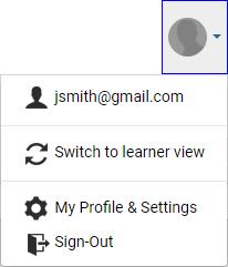 User profile picture Username My profile and settings Switch views Sign out of LMS User Profile Picture Displays a picture of the person who is currently logged in.