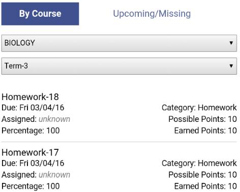 By Course On the By Course screen, use the drop-down selectors to pick the Course and Term you want to view. All assignments for that course that are due during the term display.