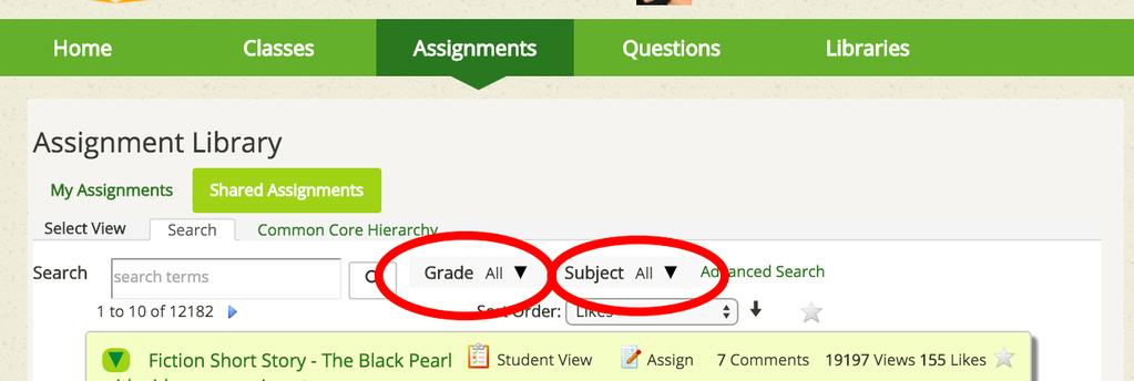 3. Click the magnifying glass to search the database. Hint: If you are not finding any assignments in your search, try changing the grade or subject you are searching in.