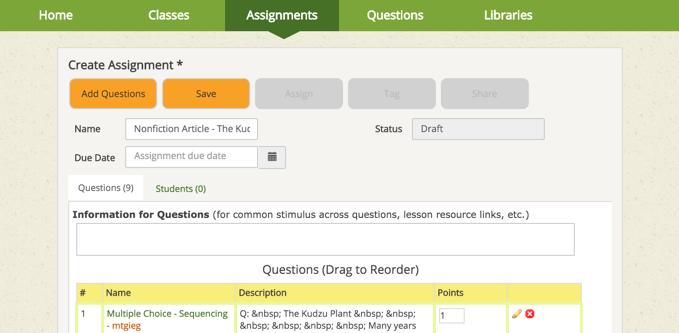5. A new window will open with your new assignment. In this screen you can can change the assignment title, due date, and even delete or edit questions in the assignment.
