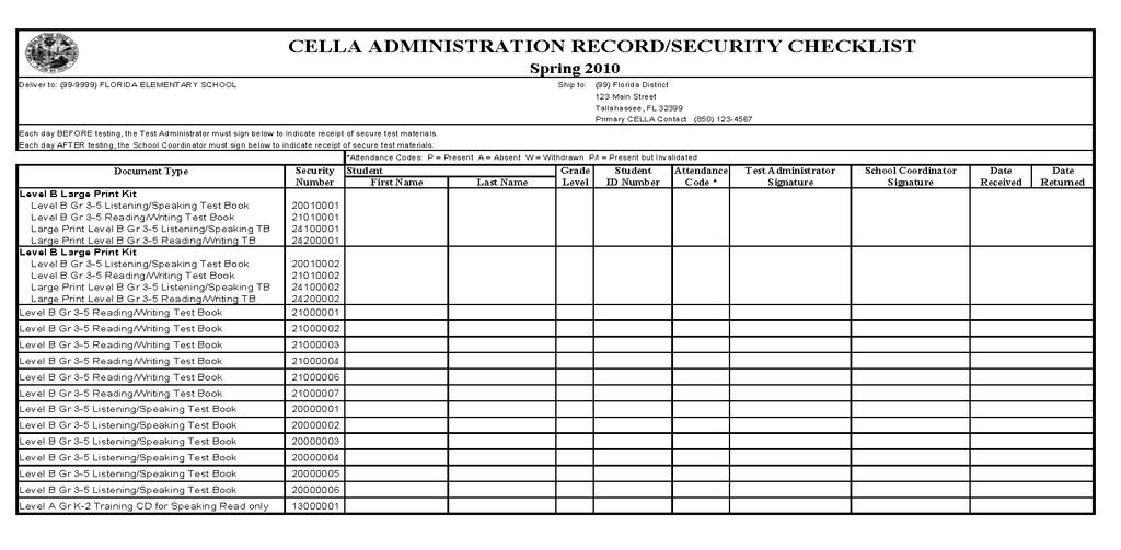 2010 CELLA ADMINISTRATION RECORD/SECURITY