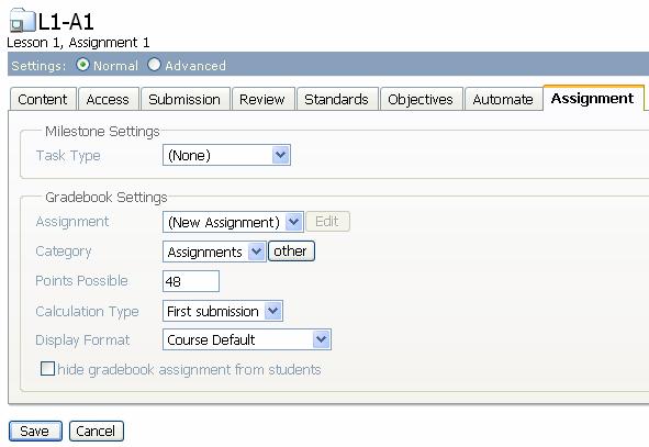 Connecting ANGEL Assignments (Continued) Page 6 Upon selecting New Assignment you will be presented with more options as shown in the image below. From the Category pull-down menu choose Assignments.