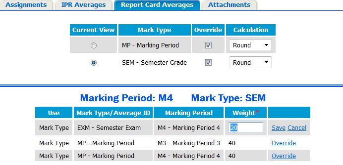 Overriding Report Card Marks that Use an Average Setup This option may be disabled based on the school s administrative setups. 1. Select the Report Card Averages tab from the Define Assignments page.