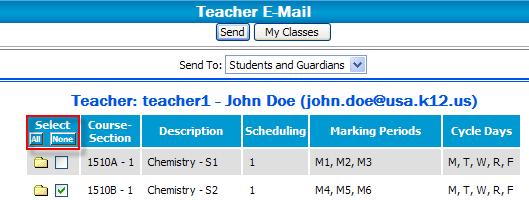 E-Mailing Students and Guardians eschoolplus 2.4 TAC Teacher Use the Teacher E-Mail page to send an email to all students and/or guardians of students that a teacher teaches.