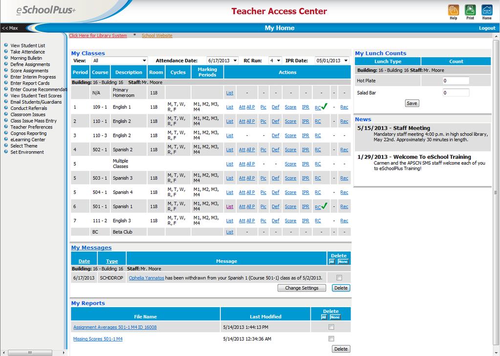 The My Home Page The My Home page allows teachers to access their attendance and gradebook tools, as well as list classes, any reports that have been created, and news items published by the school