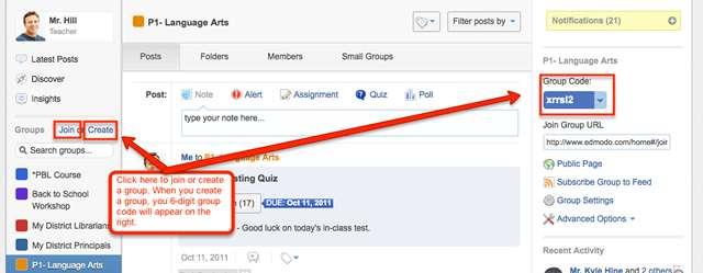 3. Click the Create button and Edmodo will display a 6-digit group code. This is the group code that you will need to give your students so they can join your group.